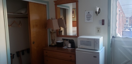Refrigerator, microwave, Coffee Maker and Dresser with Mirror and closet